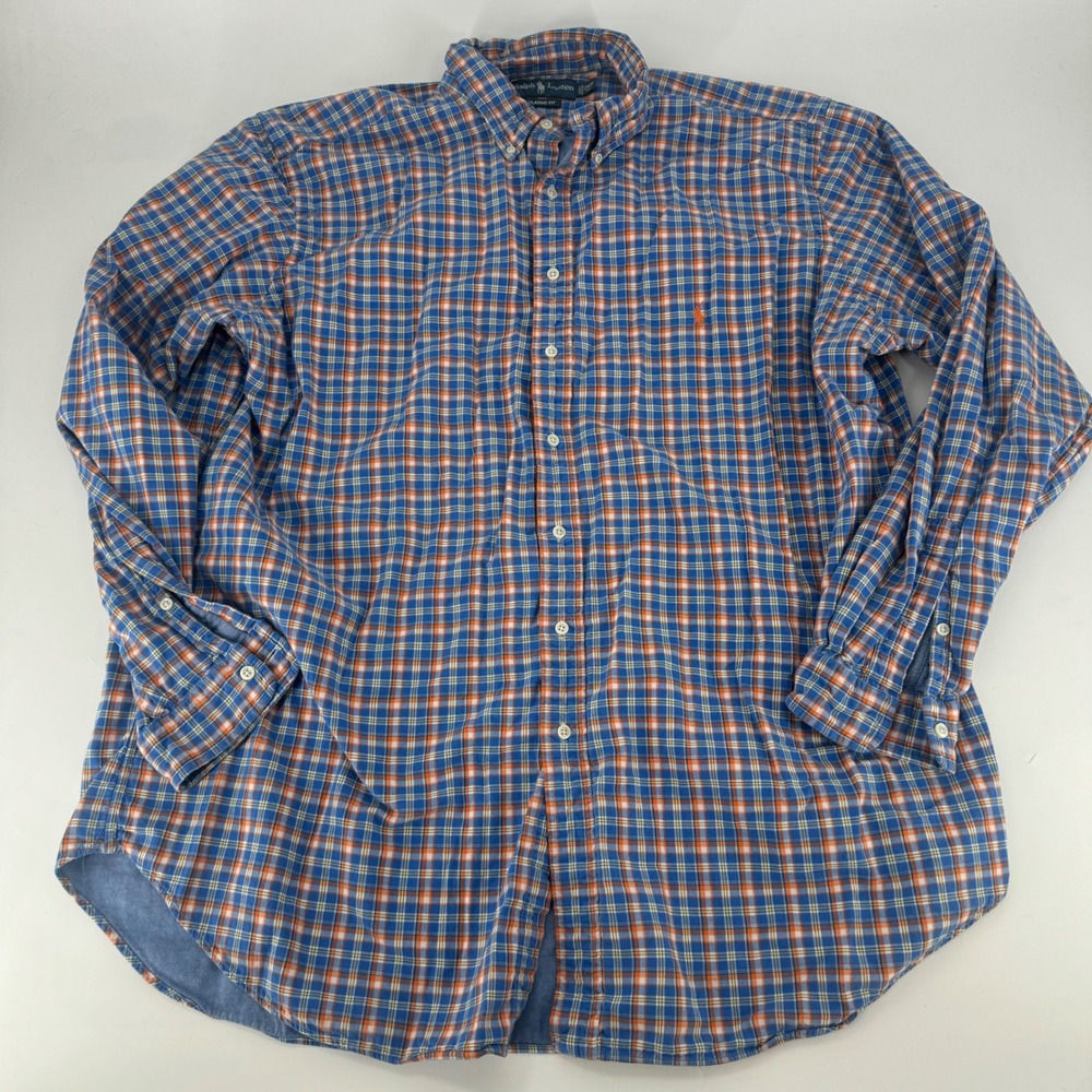 Polo Ralph Lauren Shirt Mens 2XLT Tall Blue Orange Plaid Classic Fit Long Sleeve